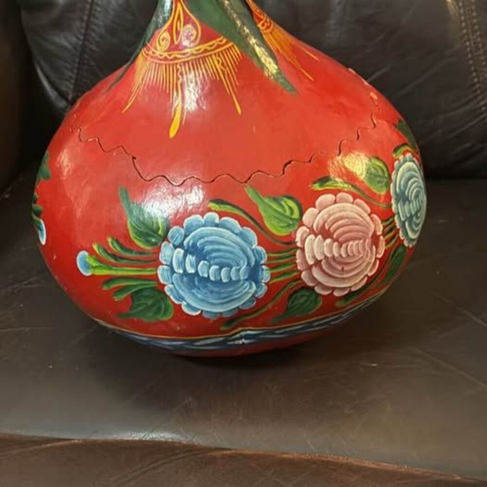 Vintage Hand-Painted Mexican Folk Art Gourd Bowl with Lid